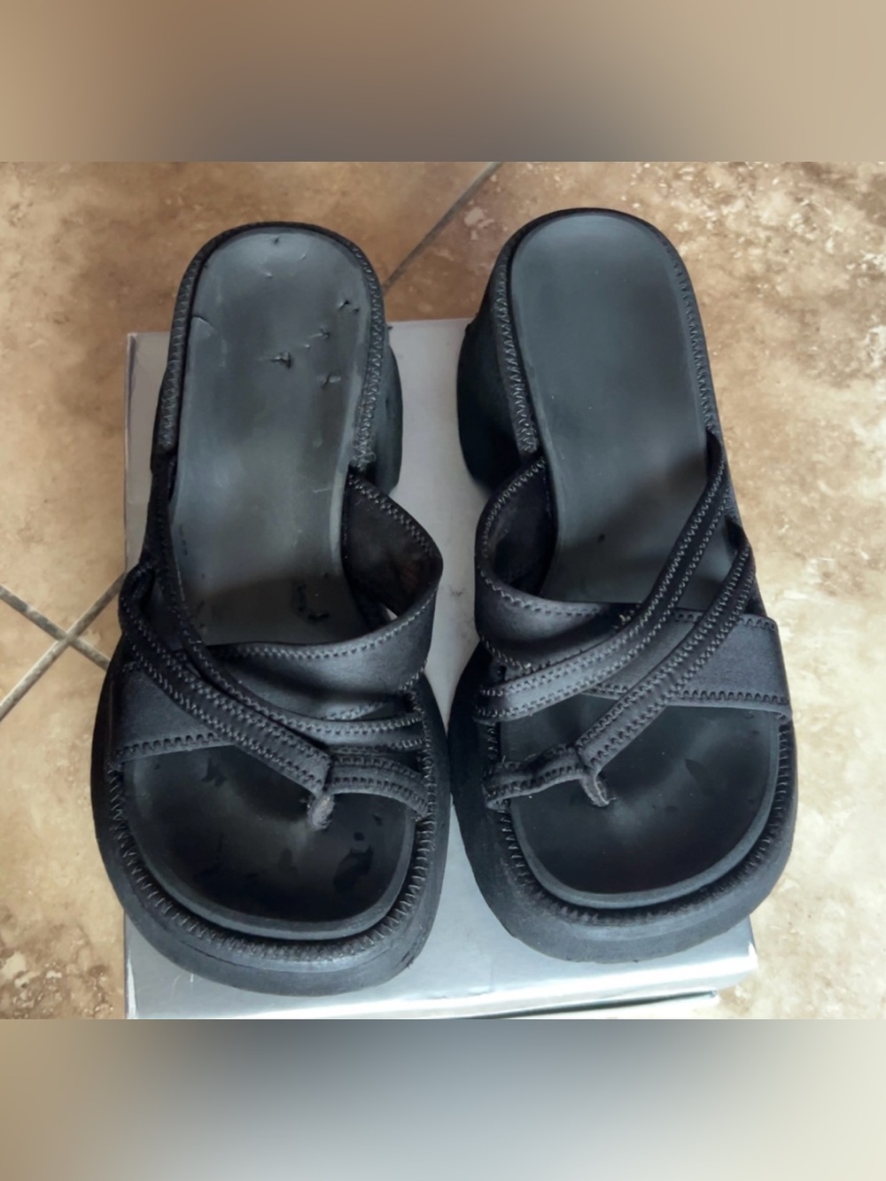 Women’s Black Slip-On Strappy Sandals Flip Flops Comfort Footbed Shoes